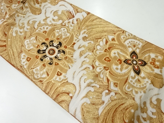 アンティーク　荒波に華紋模様織出し袋帯（材料）